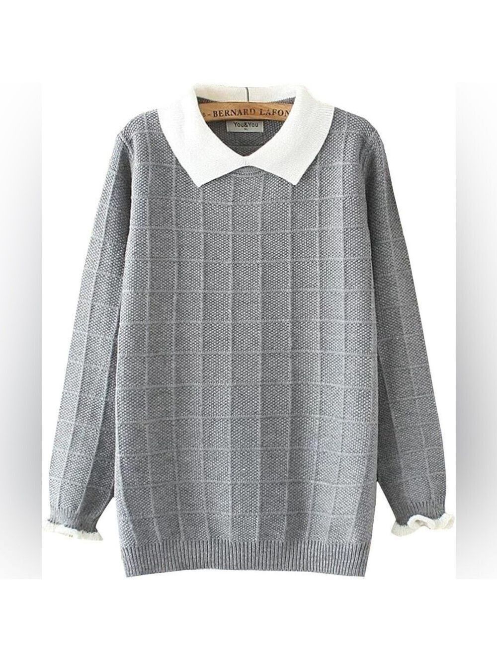 Womens Crewneck Sweater with Faux Knit Collar and Ruffled Cuffs